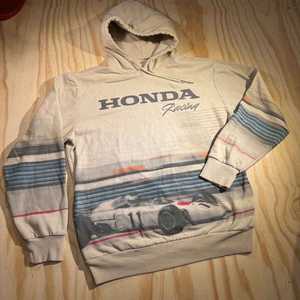 Honda Racing Hoodie Men's Medium Beige Vintage F1 Graphic Pullover Sweatshirt